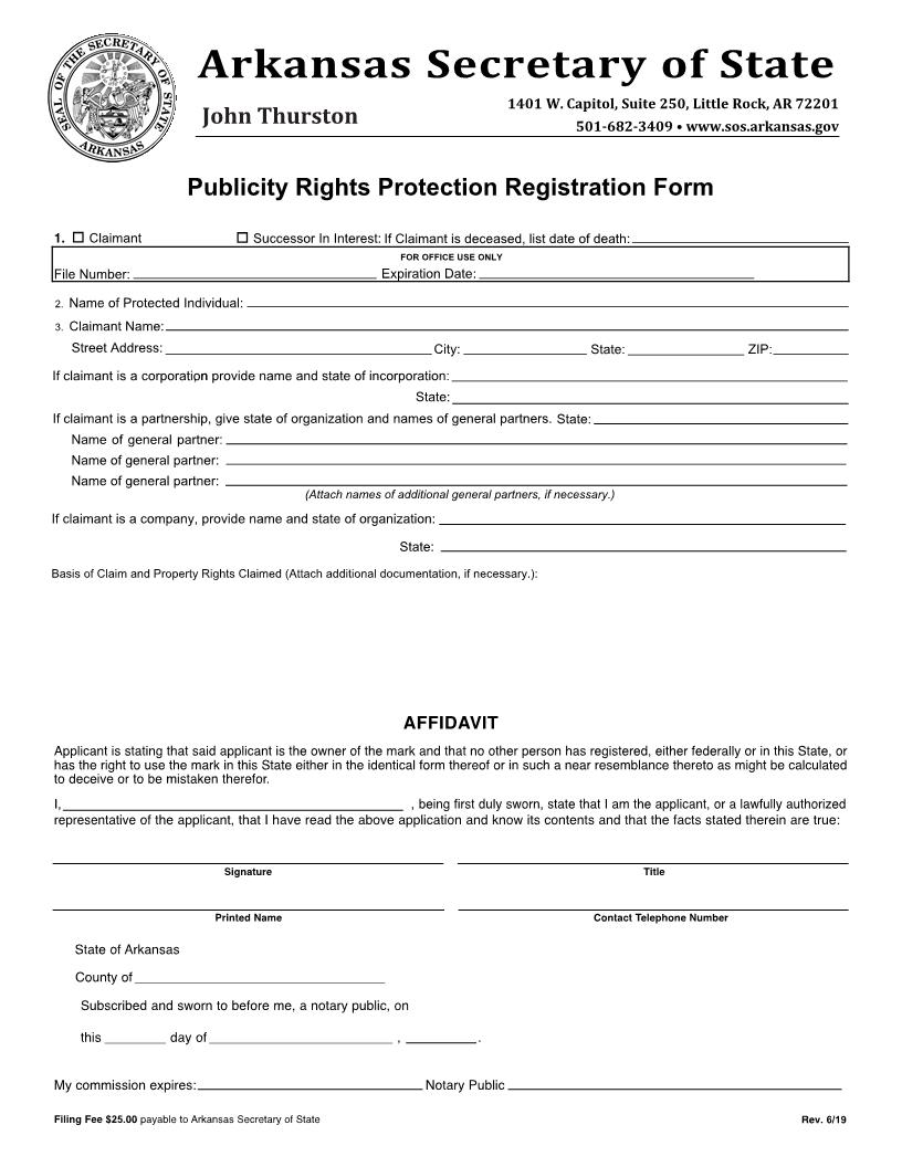 Publicity Rights Protection Registration Form | Pdf Fpdf Docx | Arkansas