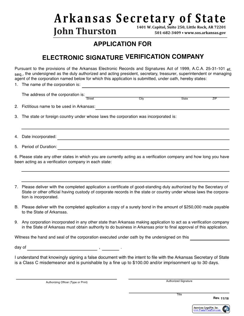 Application For Electronic Signature Verification Company | Pdf Fpdf Docx | Arkansas
