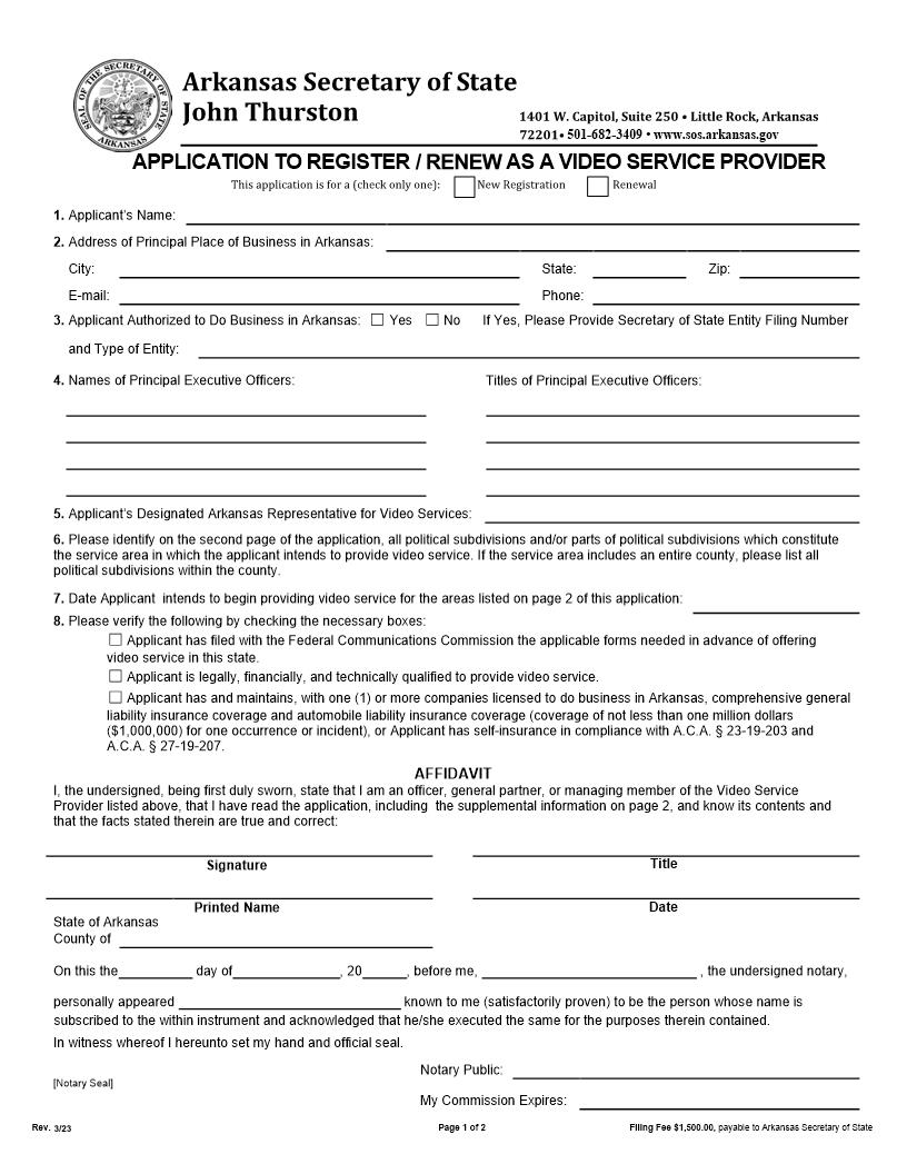 Application To Register As A Video Service Provider | Pdf Fpdf Doc Docx | Arkansas