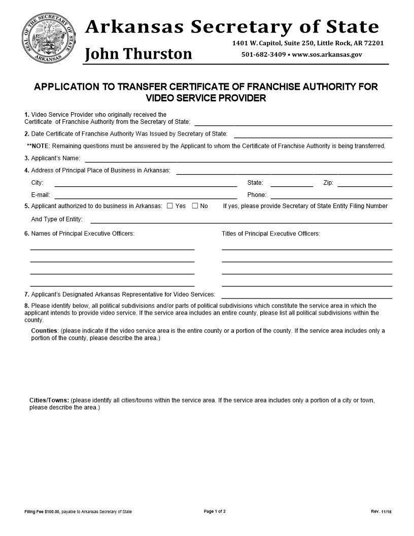 Application To Transfer Certificate Of Franchise Authority For Video Service Provider | Pdf Fpdf Doc Docx | Arkansas