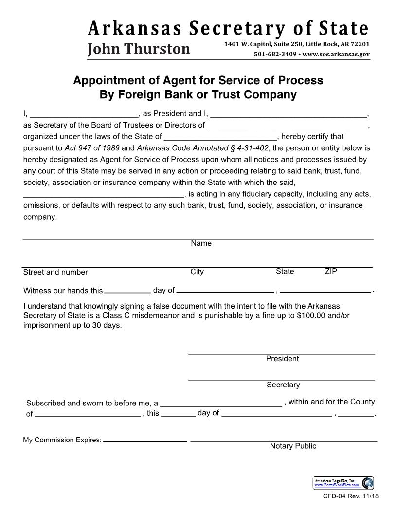 Appointment Of Agent For Service Of Process By Foreign Bank Or Trust Company {CFD-04} | Pdf Fpdf Docx | Arkansas