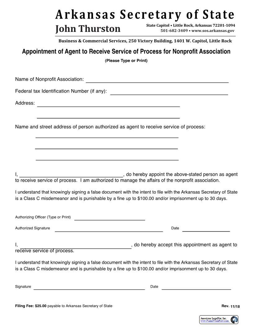 Appointment Of Agent To Receive Service Of Process For Nonprofit Association | Pdf Fpdf Docx | Arkansas