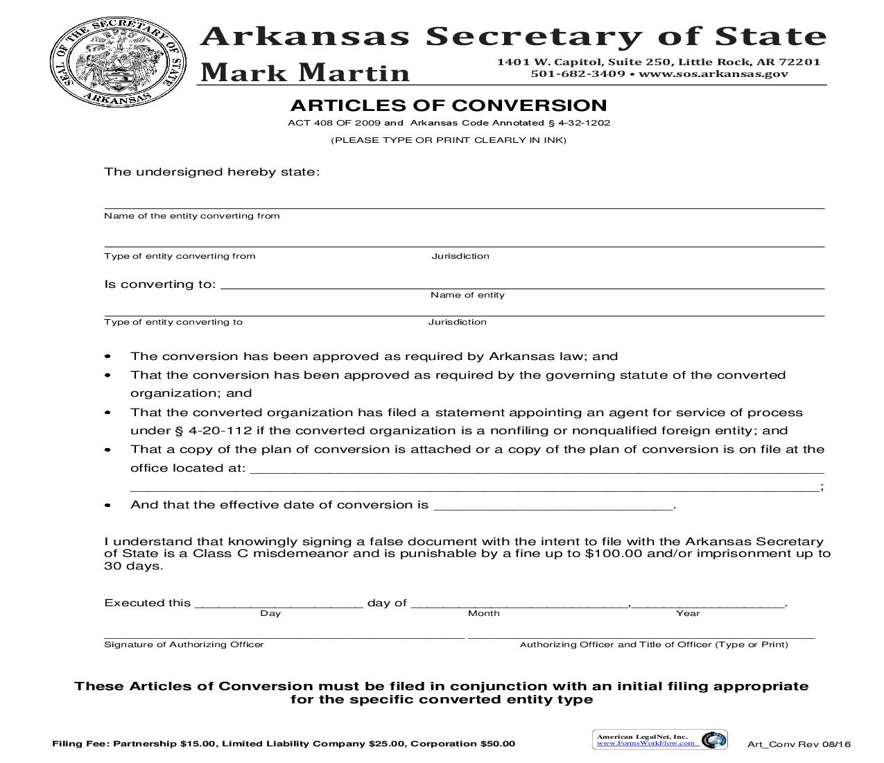 Articles Of Conversion |  | Arkansas