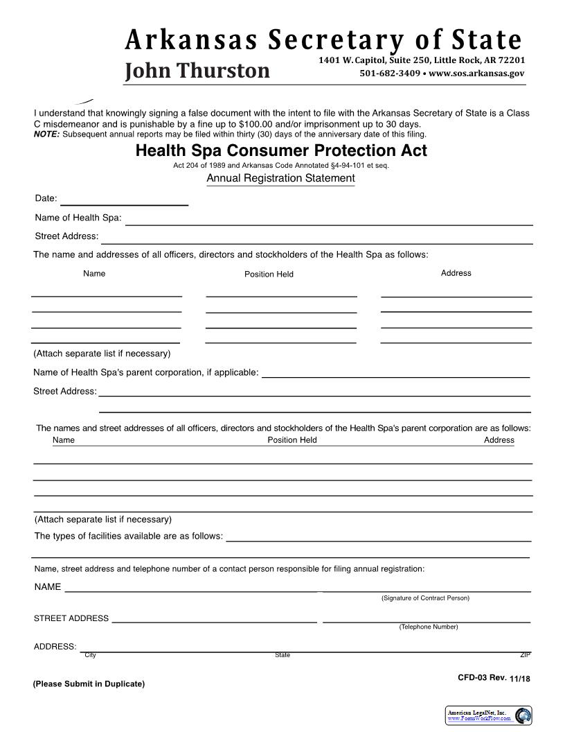 Health Spa Consumer Protection Act {CFD-03} | Pdf Fpdf Docx | Arkansas