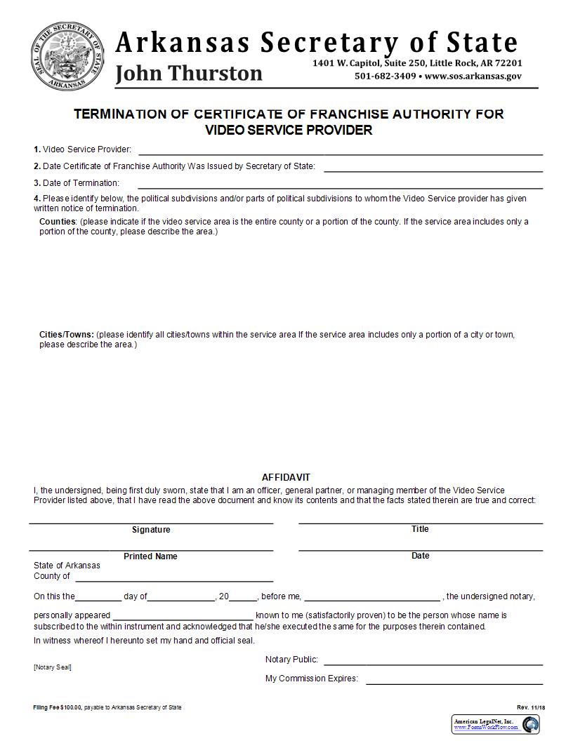 Termination Of Certificate Of Franchise Authority For Video Service Provider | Pdf Fpdf Docx | Arkansas