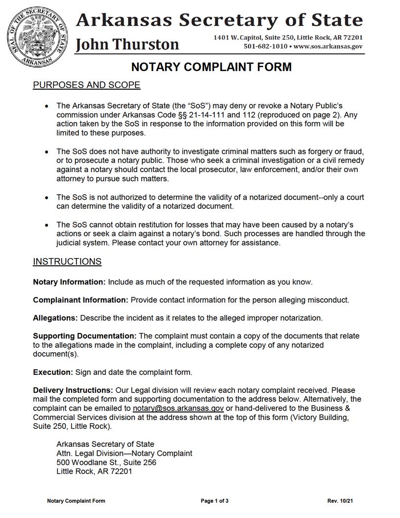 Notary Complaint Form | Pdf Fpdf Docx | Arkansas