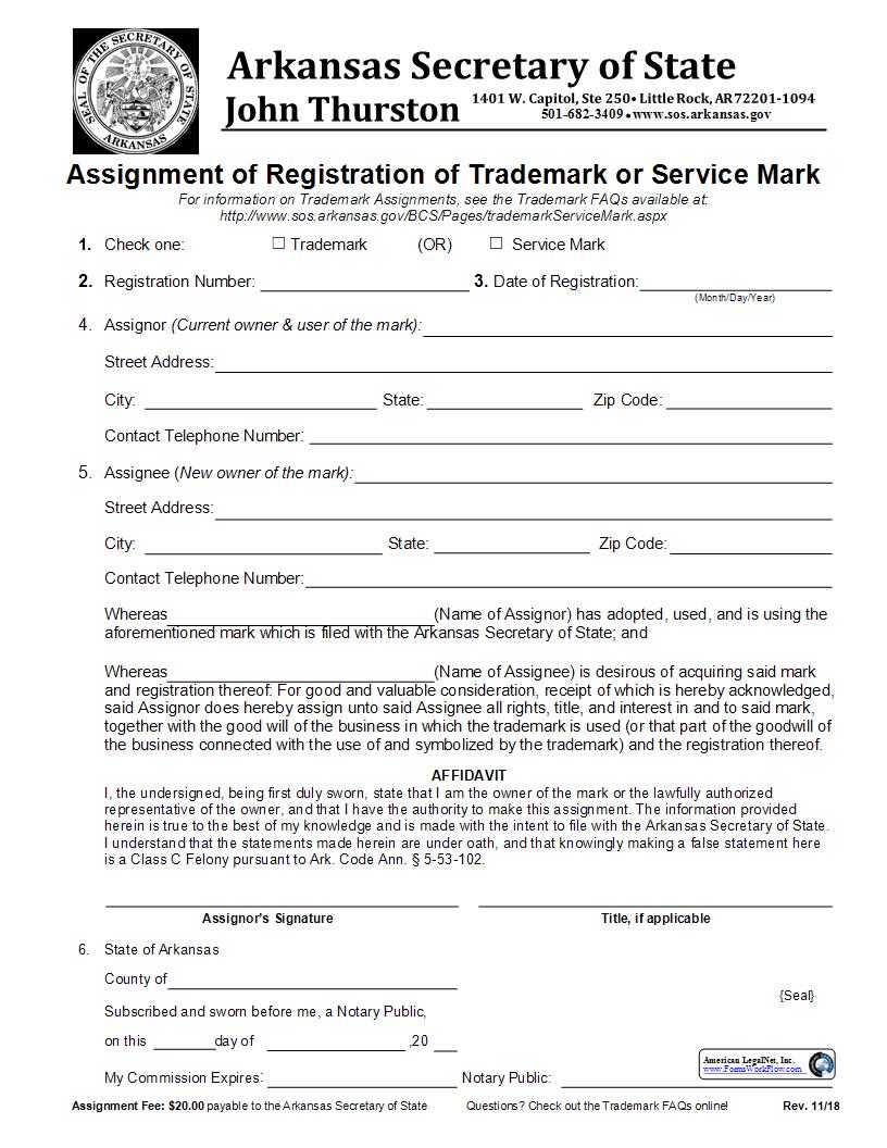 Assignment Of Registration Of Trademark Or Service Mark | Pdf Fpdf Docx | Arkansas