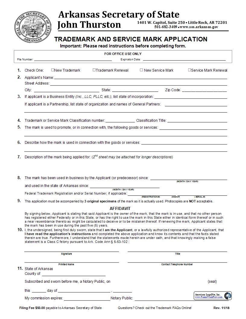 Trademark And Service Mark Application | Pdf Fpdf Docx | Arkansas