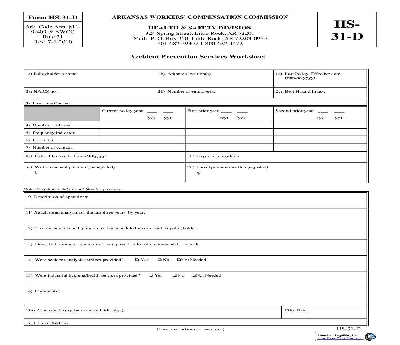 Accident Prevention Services Worksheet {HS-31-D} | Pdf Fpdf Doc Docx | Arkansas