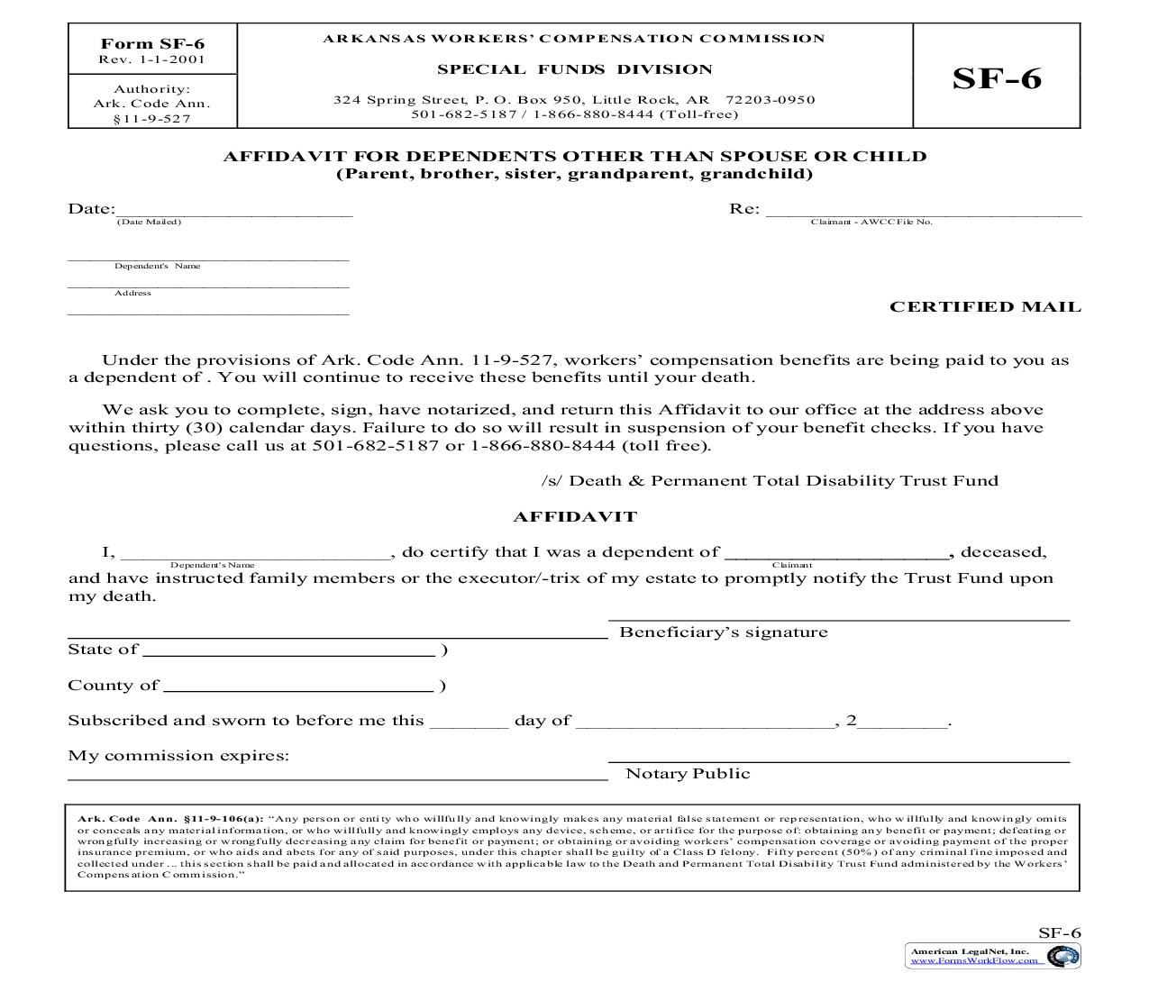 Affidavit For Dependents Other Than Spouse Or Child {SF-6} | Pdf Fpdf Doc Docx | Arkansas