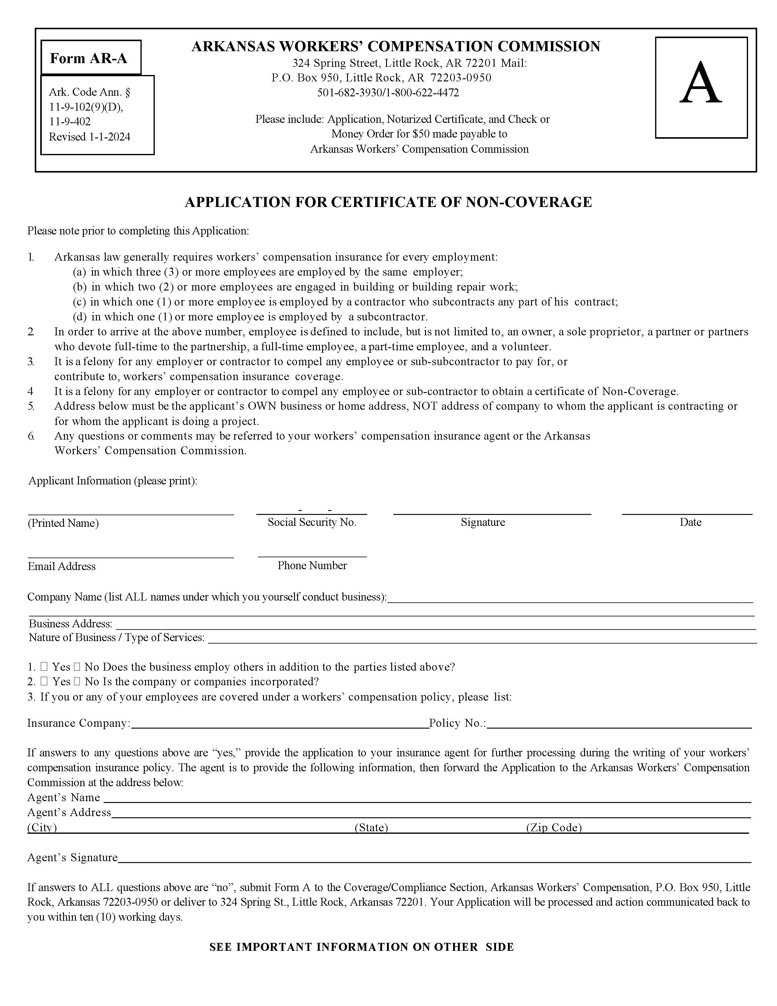 Application For Certificate Of Non-Coverage {AR-A} | Pdf Fpdf Doc Docx | Arkansas