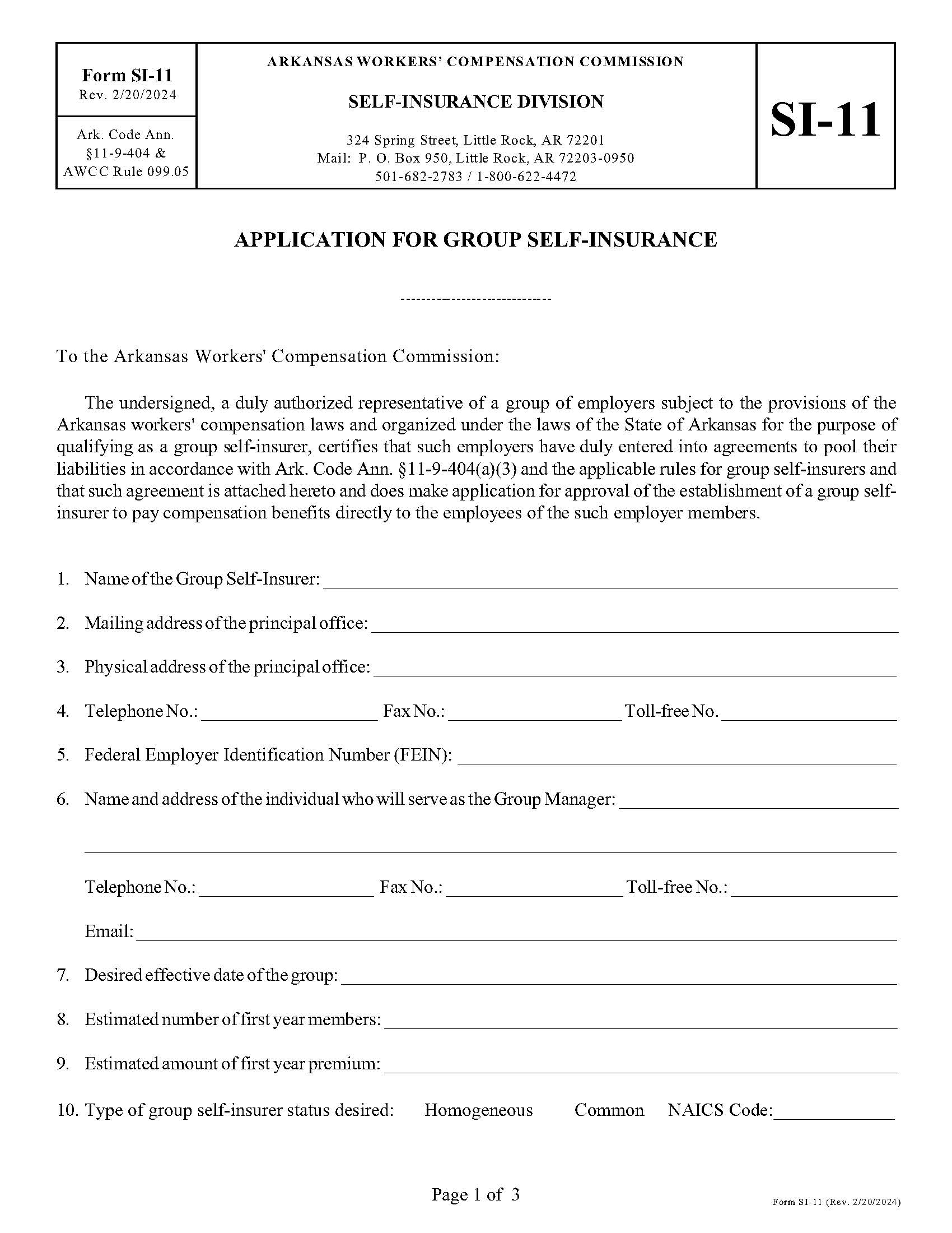 Application For Group Self-Insurance {SI-11} | Pdf Fpdf Doc Docx | Arkansas