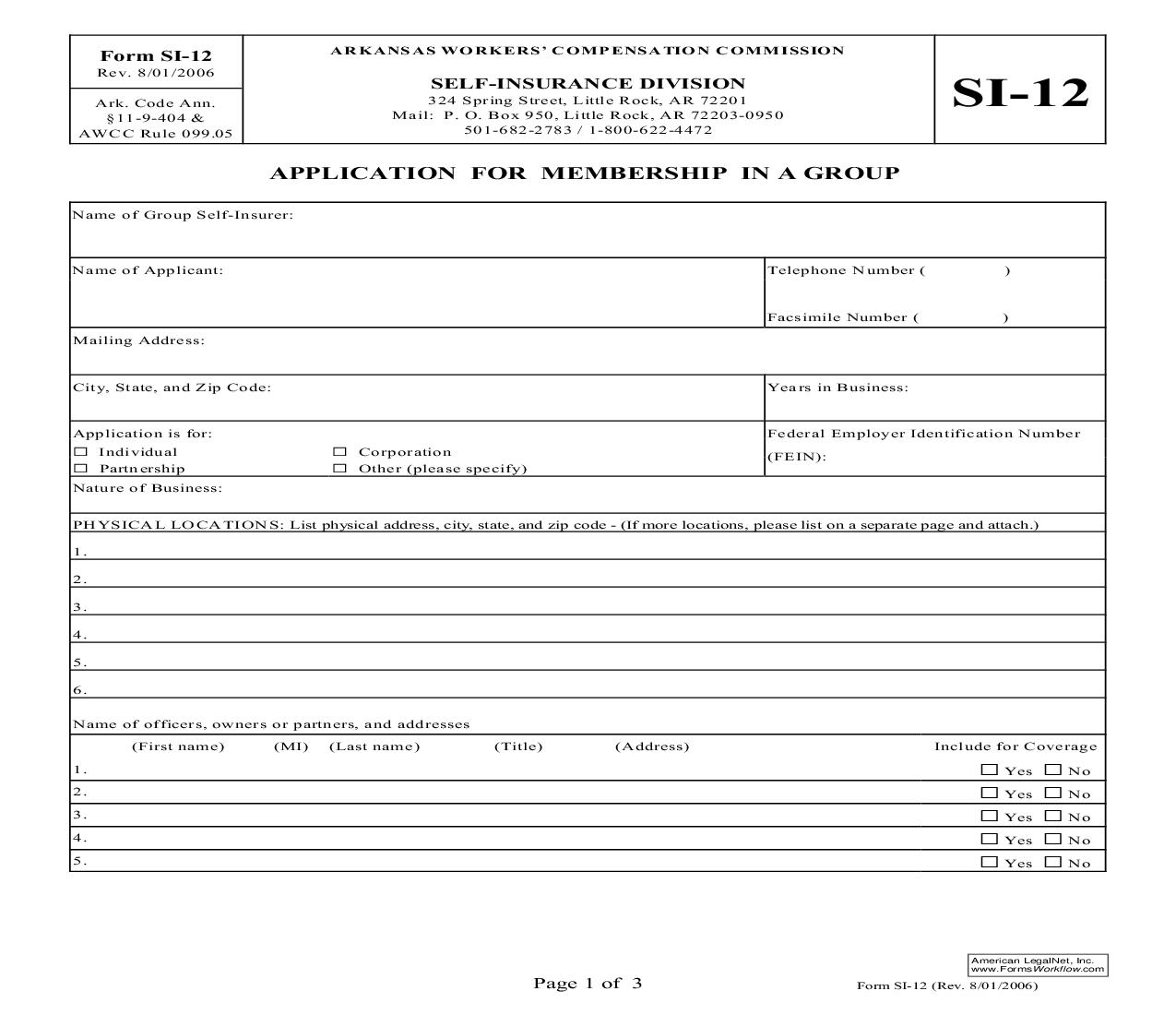 Application For Membership In A Group {SI-12} | Pdf Fpdf Doc Docx | Arkansas