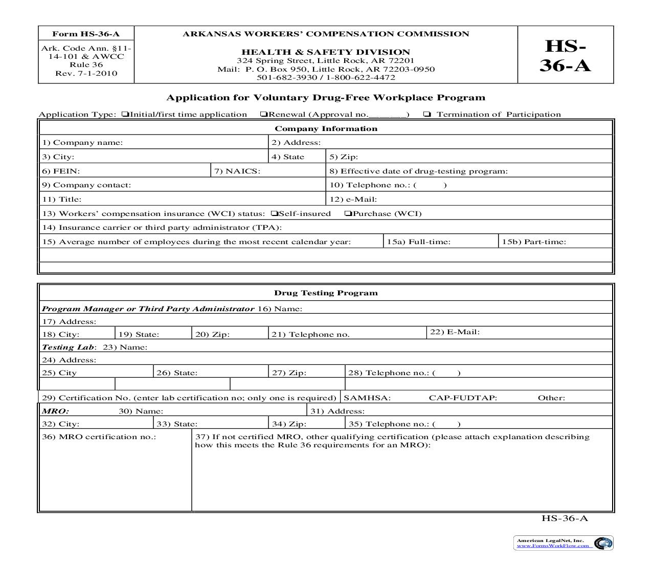 Application For Voluntary Drug-Free Workplace Program {HS-36-A} | Pdf Fpdf Doc Docx | Arkansas