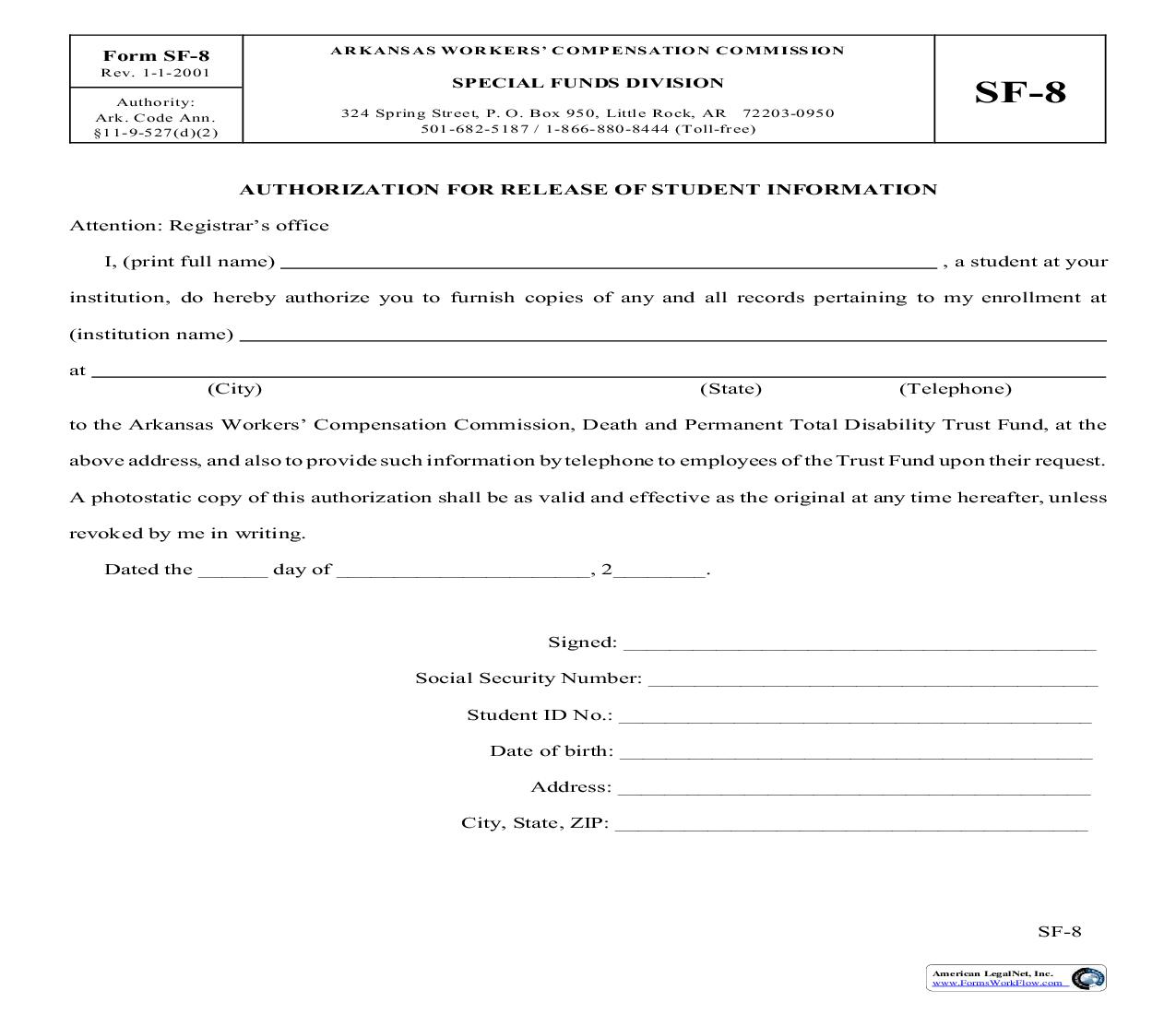 Authorization For Release Of Student Information {SF-8} | Pdf Fpdf Doc Docx | Arkansas