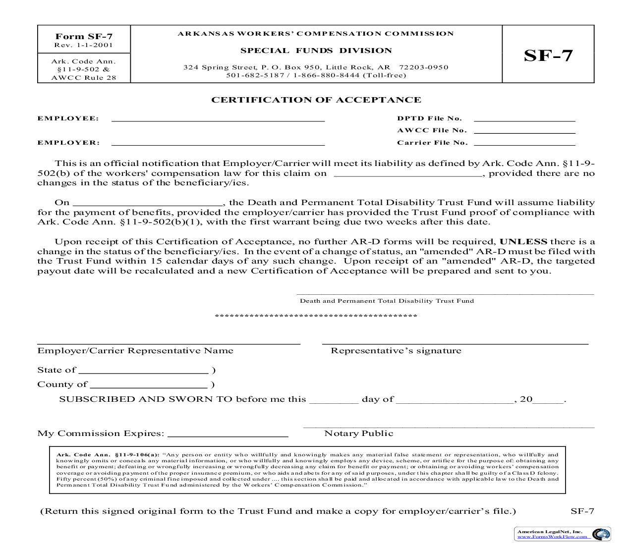 Certification Of Acceptance {SF-7} | Pdf Fpdf Doc Docx | Arkansas
