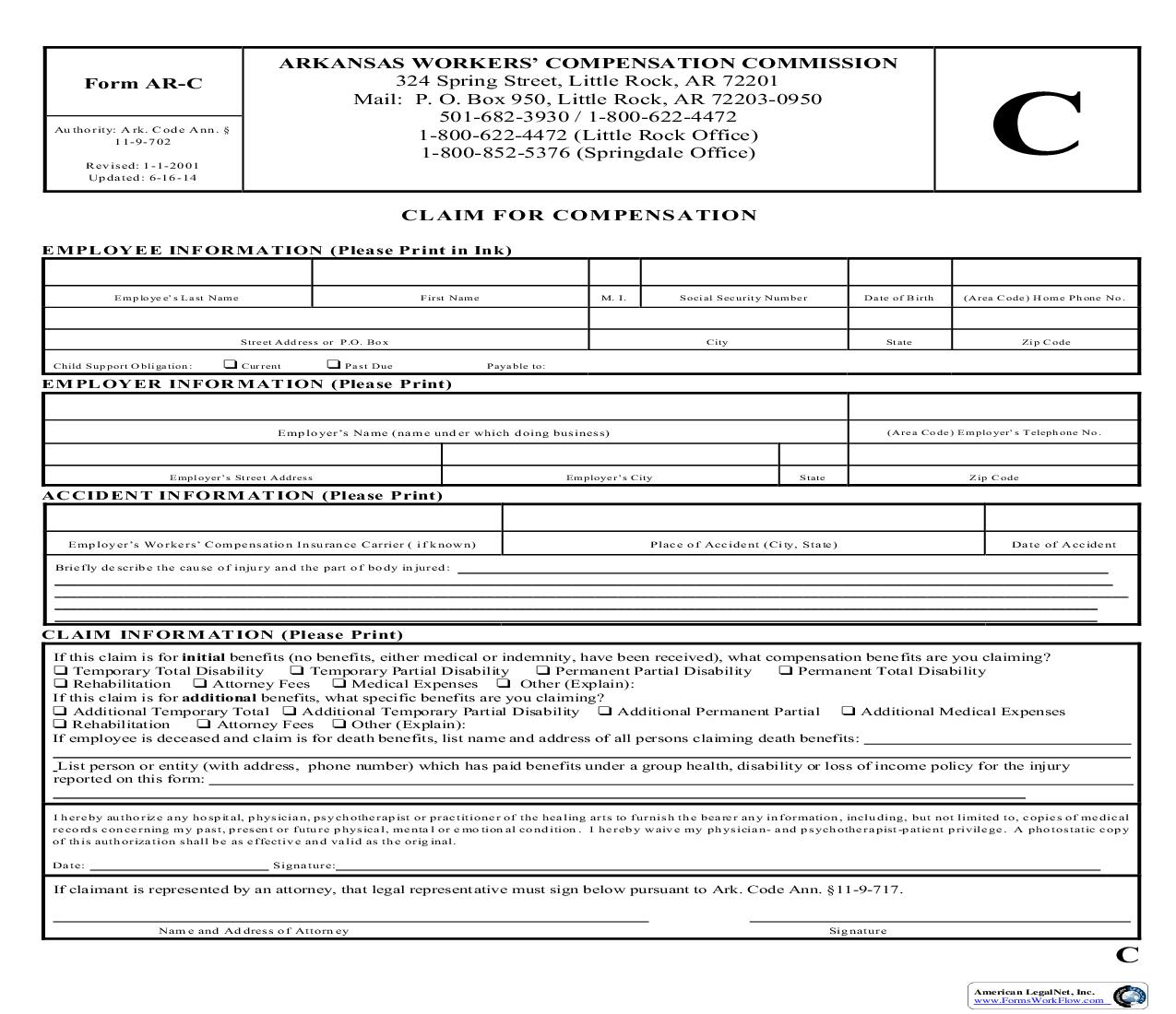 Claim For Compensation {AR-C} | Pdf Fpdf Doc Docx | Arkansas