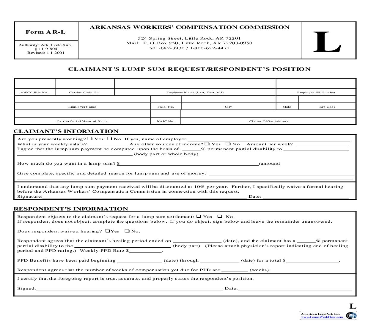 Claimants Lump Sum Request Respondents Position {AR-L} | Pdf Fpdf Doc Docx | Arkansas