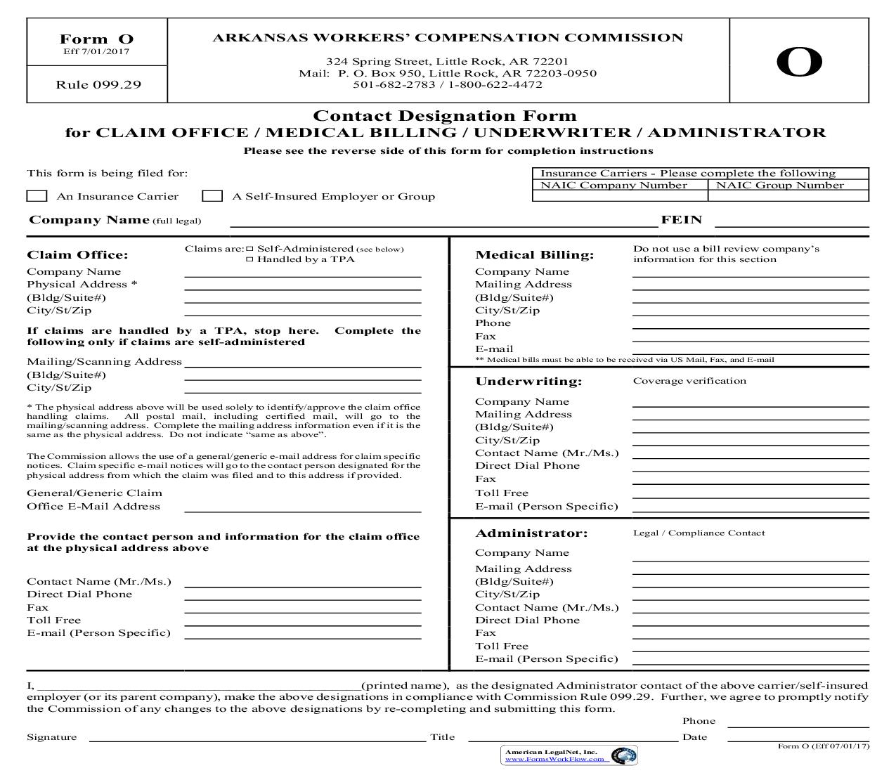Contact Designation Form For Claim Office-Medical Billing-Underwriter-Administrator {O} | Pdf Fpdf Doc Docx | Arkansas
