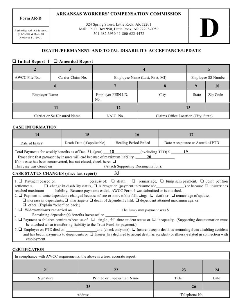 Death And Permanent Total Disability Acceptance Update {AR-D} | Pdf Fpdf Doc Docx | Arkansas