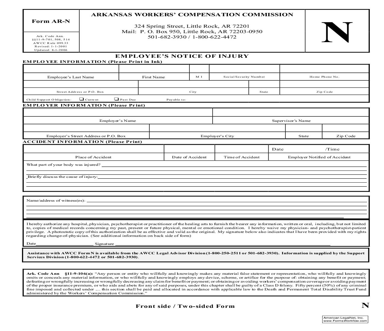 Employees Notice Of Injury {AR-N} | Pdf Fpdf Doc Docx | Arkansas