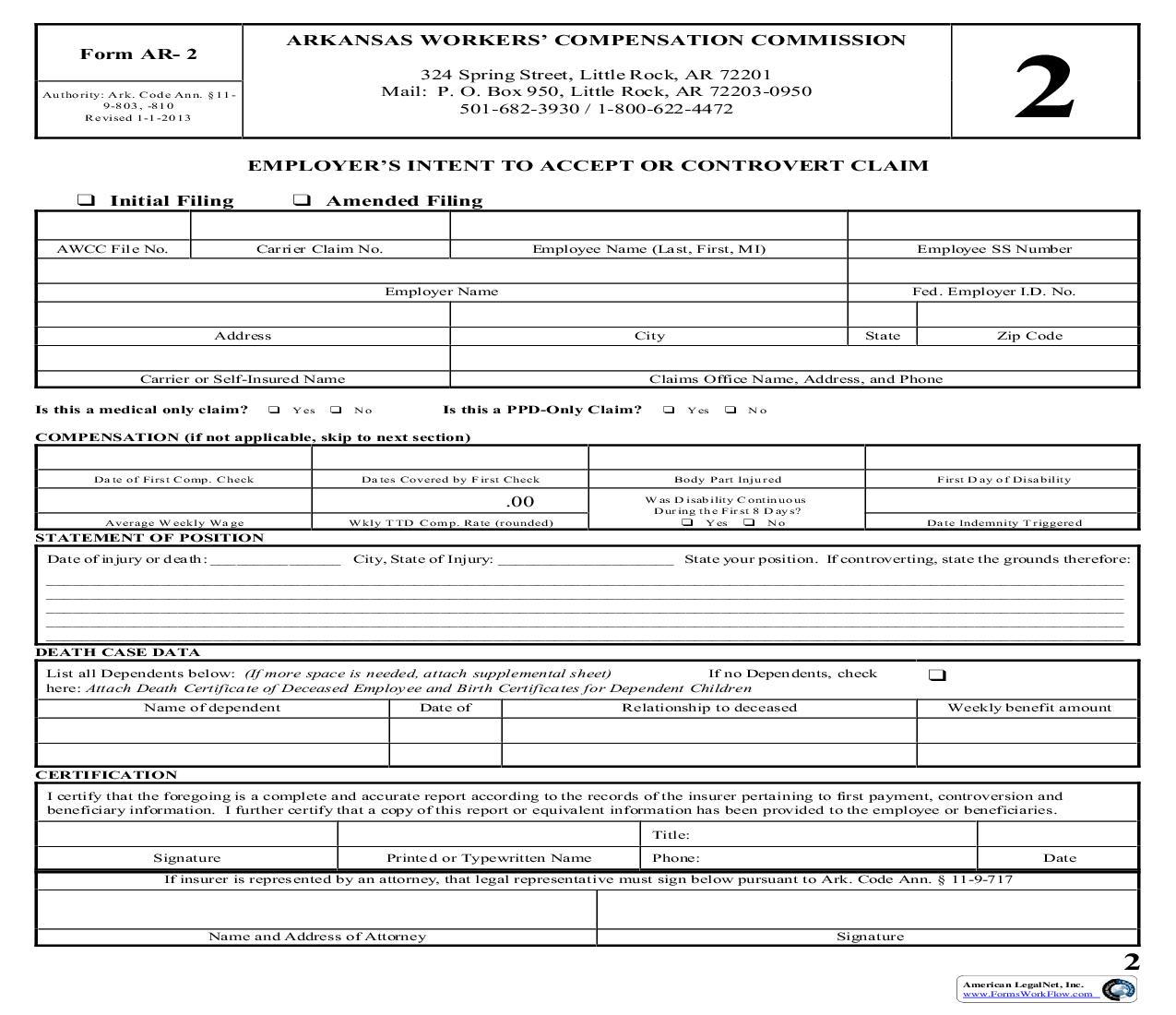 Employers Intent To Accept Or Controvert Claim {AR-2} | Pdf Fpdf Doc Docx | Arkansas