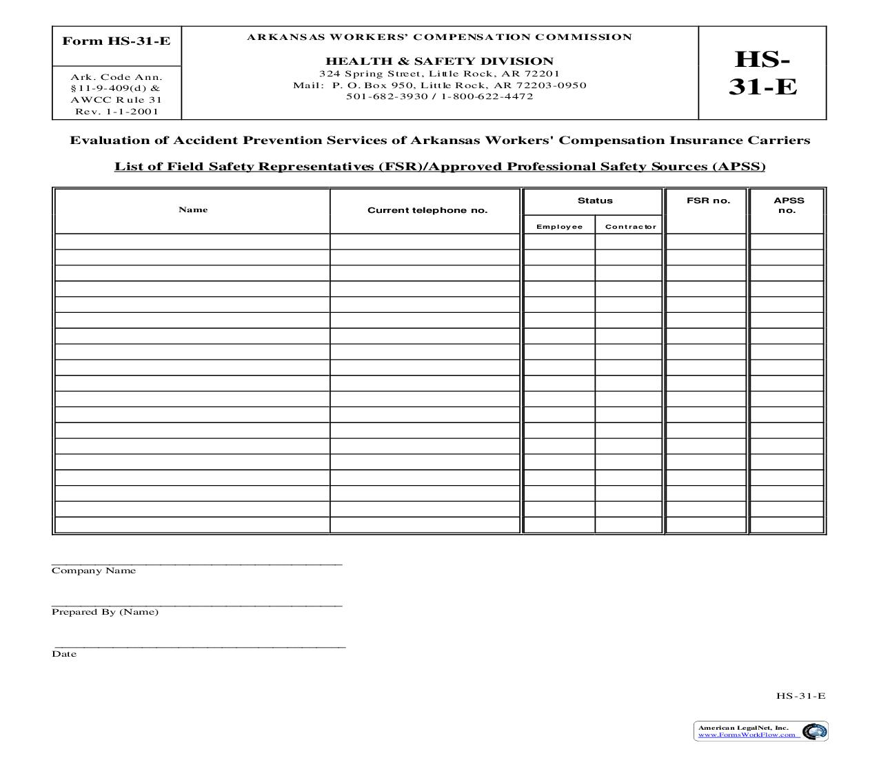 Evaluation Of Accident Prevention Services Of Arkansas Workers Comp Insurance Carriers {HS-31-E} | Pdf Fpdf Doc Docx | Arkansas