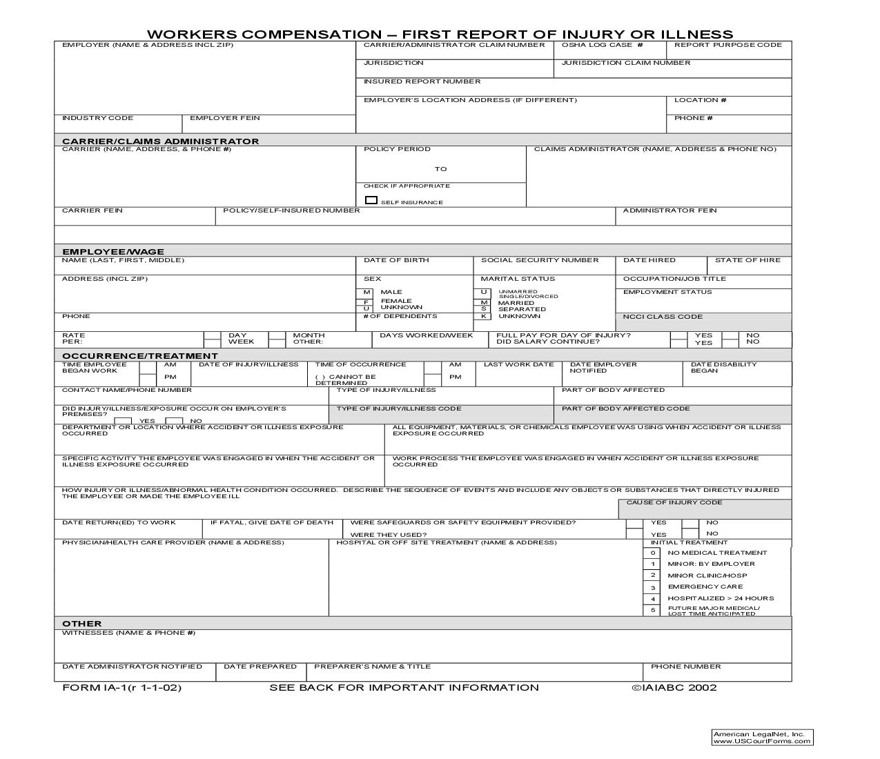 First Report Of Injury Or Illness {IA-1} | Pdf Fpdf Doc Docx | Arkansas