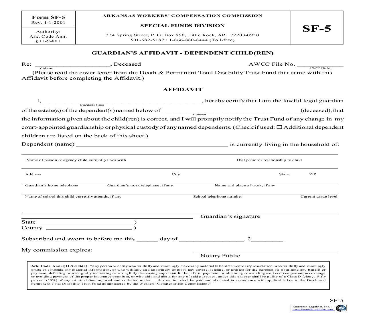 Guardians Affidavit-Dependent Children {SF-5} | Pdf Fpdf Doc Docx | Arkansas