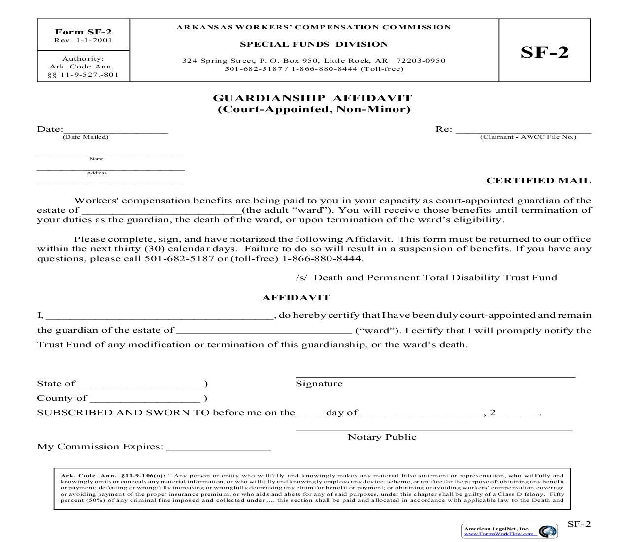 Guardianship Affidavit Court-Appointed Non-Minor {SF-2} | Pdf Fpdf Doc Docx | Arkansas