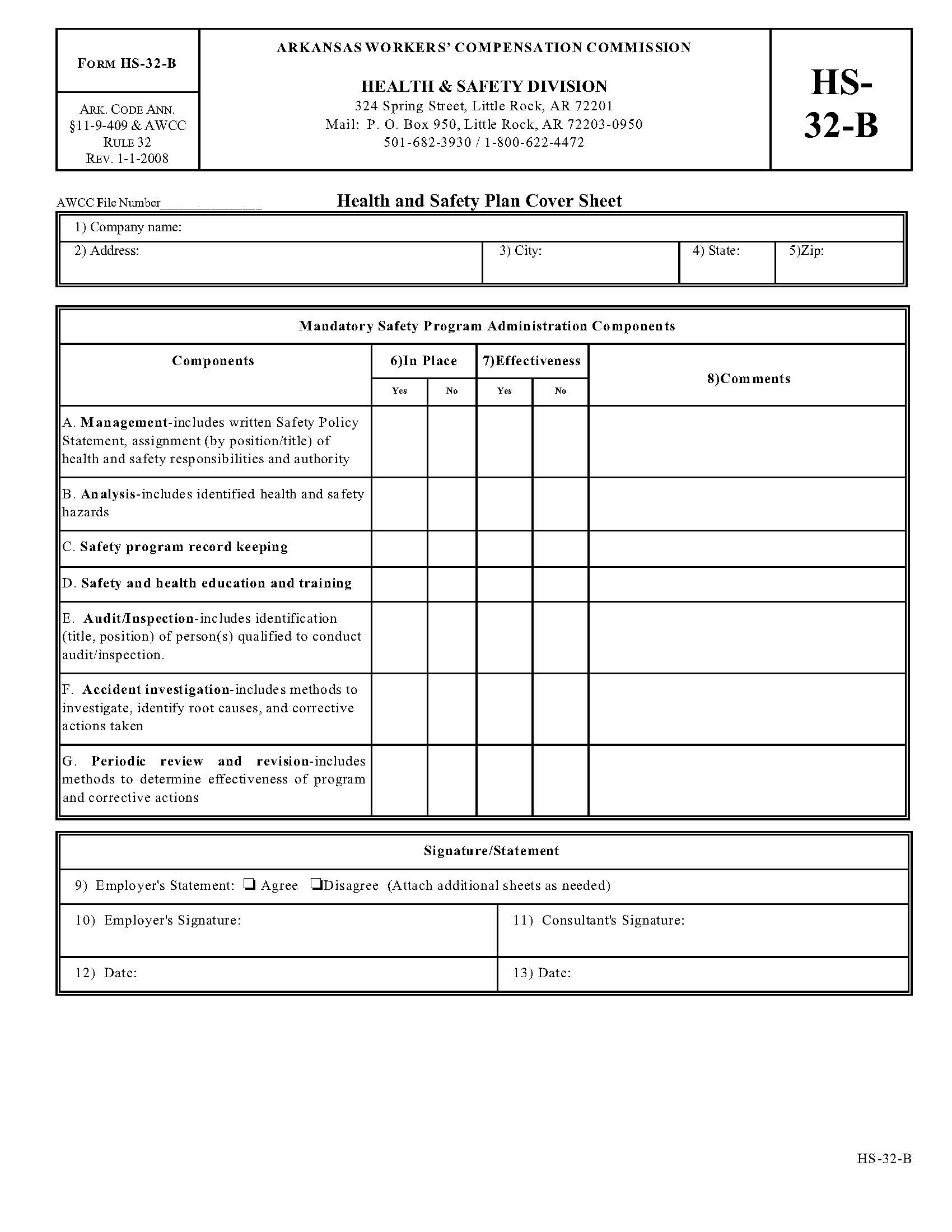 Health And Safety Plan Coversheet {HS-32-B} | Pdf Fpdf Doc Docx | Arkansas