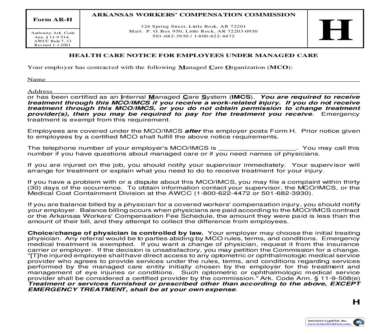 Health Care Notice For Employees Under Managed Care {AR-H} | Pdf Fpdf Doc Docx | Arkansas