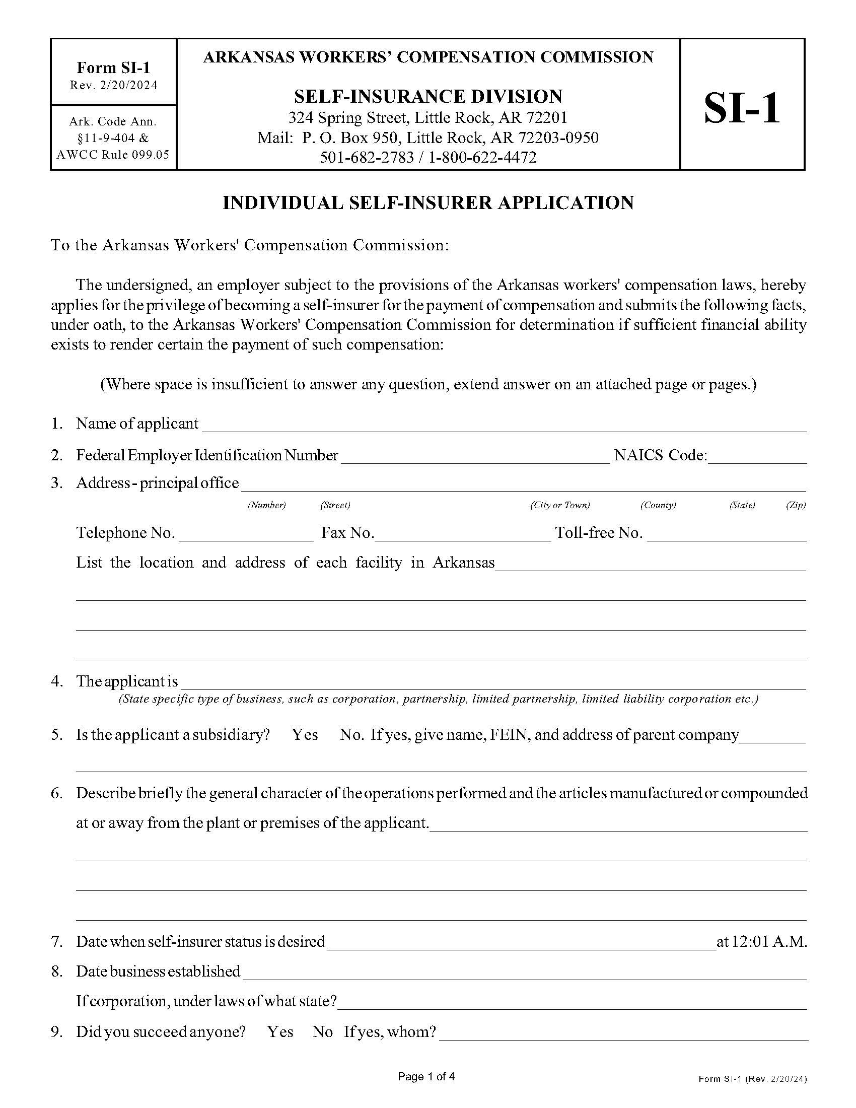 Individual Self-Insurer Application {SI-1} | Pdf Fpdf Doc Docx | Arkansas