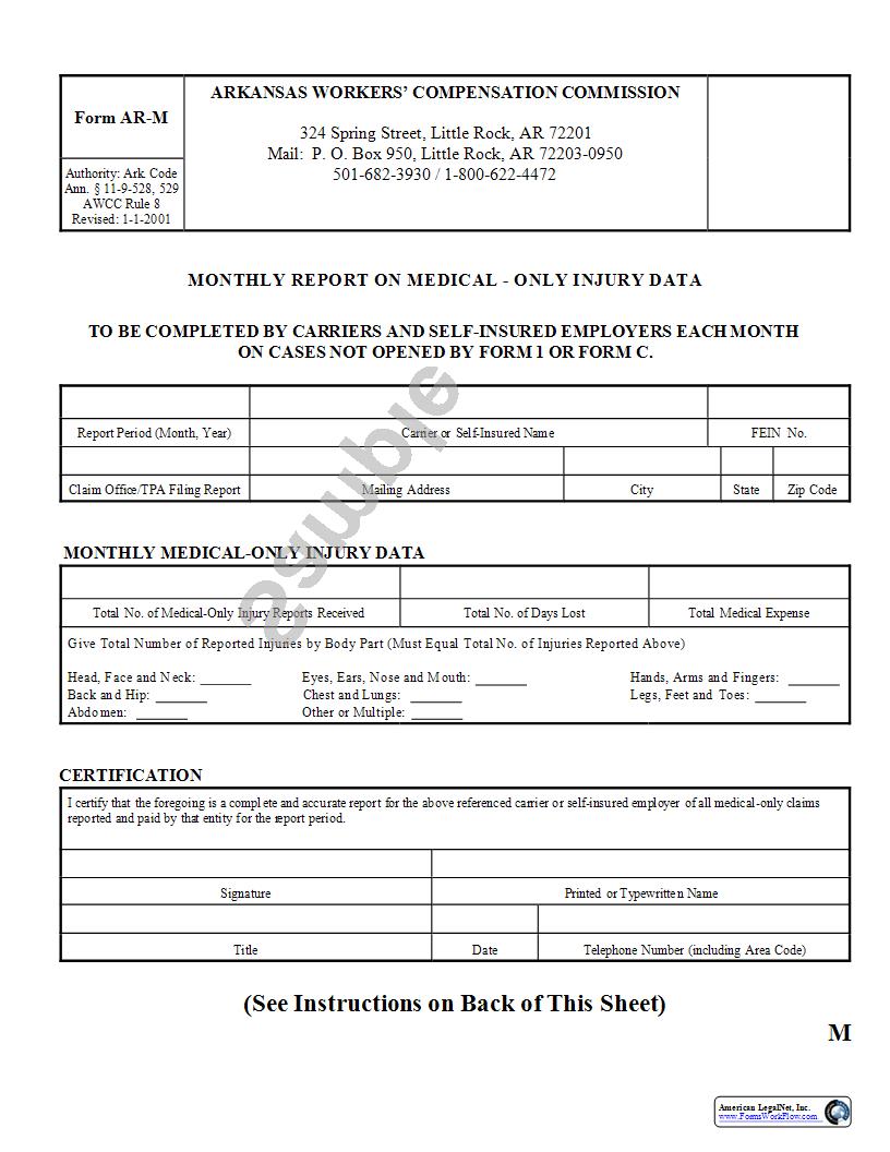 Monthly Report On Medical Only Injury Data {AR-M} | Pdf Fpdf Docx | Arkansas