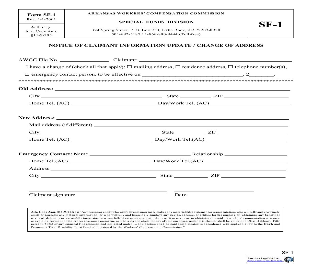 Notice Of Claimant Information Update Change Of Address {SF-1} | Pdf Fpdf Doc Docx | Arkansas