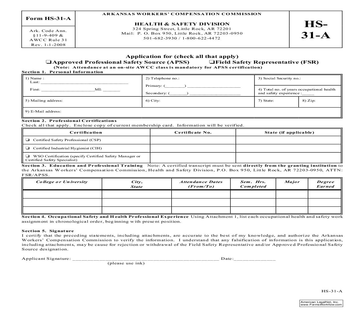Occupational Safety And Health Work Experience {HS-31-A} | Pdf Fpdf Doc Docx | Arkansas