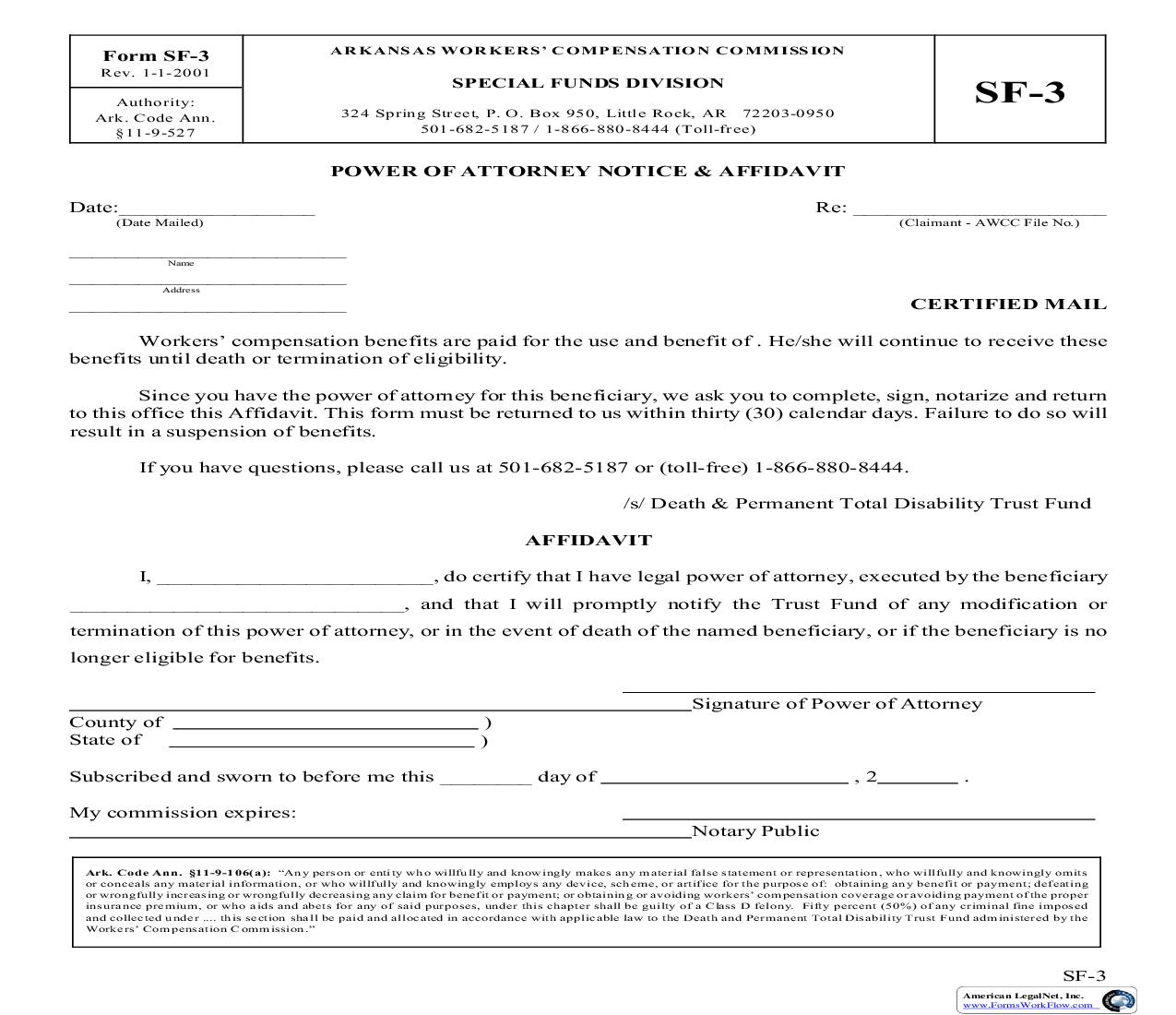 Power Of Attorney Notice And Affidavit {SF-3} | Pdf Fpdf Doc Docx | Arkansas