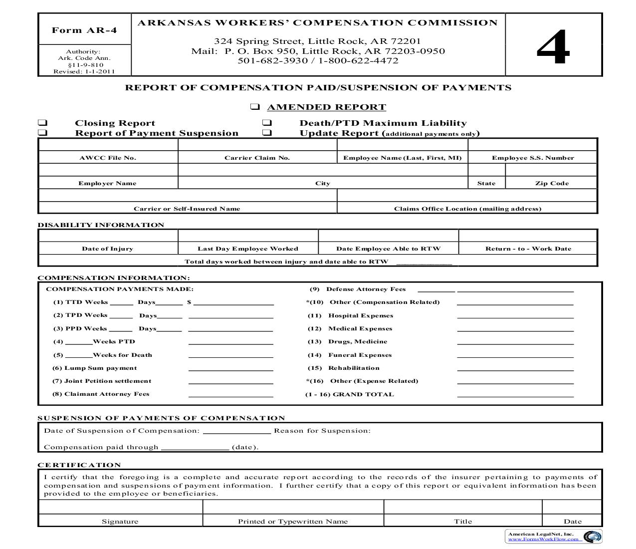 Report Of Compensation Paid  Suspension Of Payments {AR-4} | Pdf Fpdf Doc Docx | Arkansas