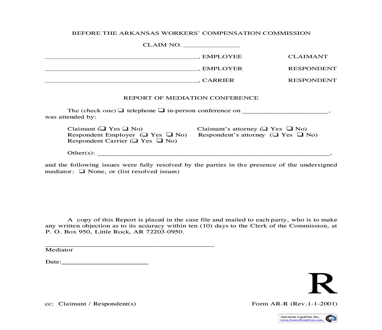 Report Of Mediation Conference {AR-R} | Pdf Fpdf Doc Docx | Arkansas