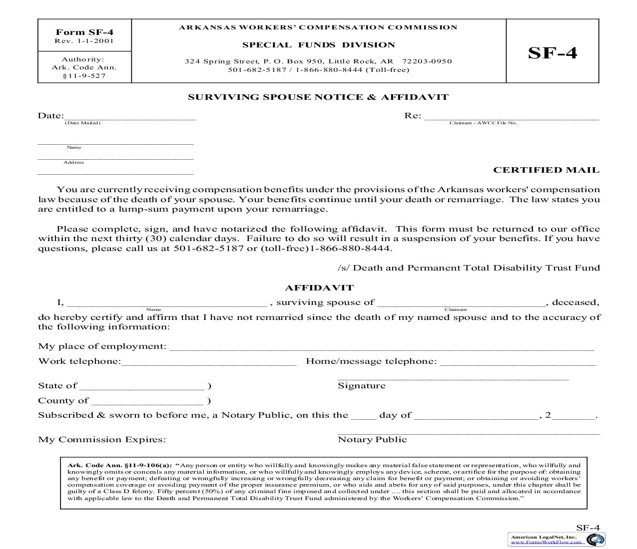 Surving Spouse Notice And Affidavit {SF-4} | Pdf Fpdf Doc Docx | Arkansas