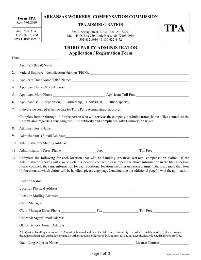 Third Party Administrator Application Or Registration {TPA} | Pdf Fpdf Doc Docx | Arkansas