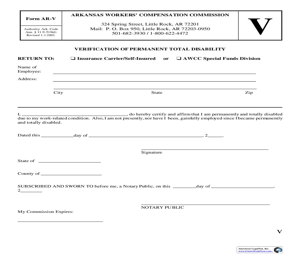 Verification Of Permanent Total Disability {AR-V} | Pdf Fpdf Doc Docx | Arkansas