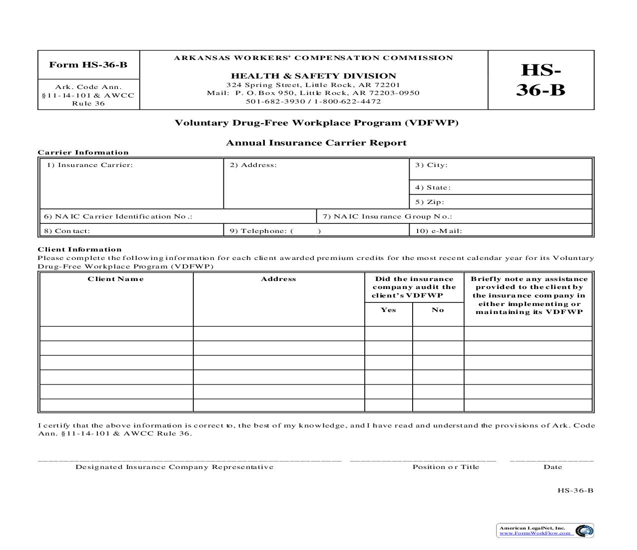 Voluntary Drug-Free Workplace Programs VDFWP Annual Insurance Carrier Report {HS-36-B} | Pdf Fpdf Doc Docx | Arkansas