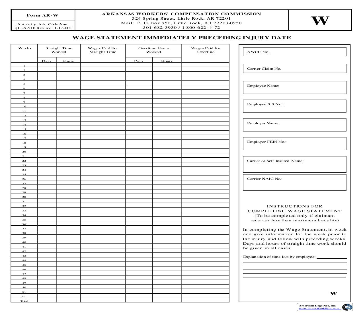 Wage Statement Immediately Preceding Injury Date {AR-W} | Pdf Fpdf Doc Docx | Arkansas