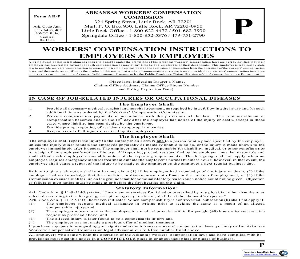 Workers Compensation Instructions To Employers And Employees {AR-P} | Pdf Fpdf Doc Docx | Arkansas