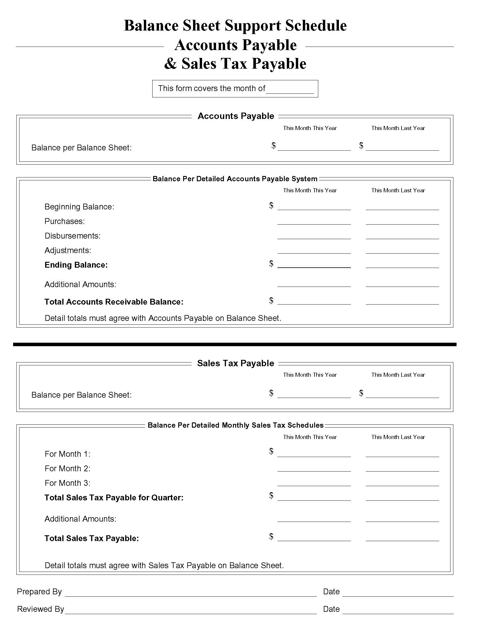 Balance Sheet Support Schedule Accounts Payable And Sales Tax Payable | Pdf Fpdf Docx | Business Forms