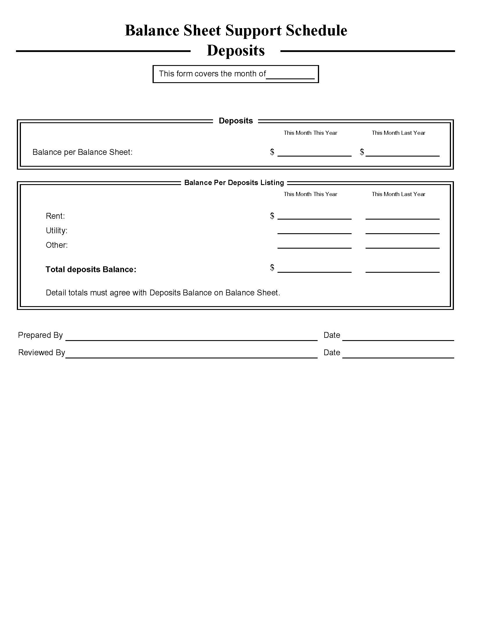 Balance Sheet Support Schedule Deposits | Pdf Fpdf Docx | Business Forms