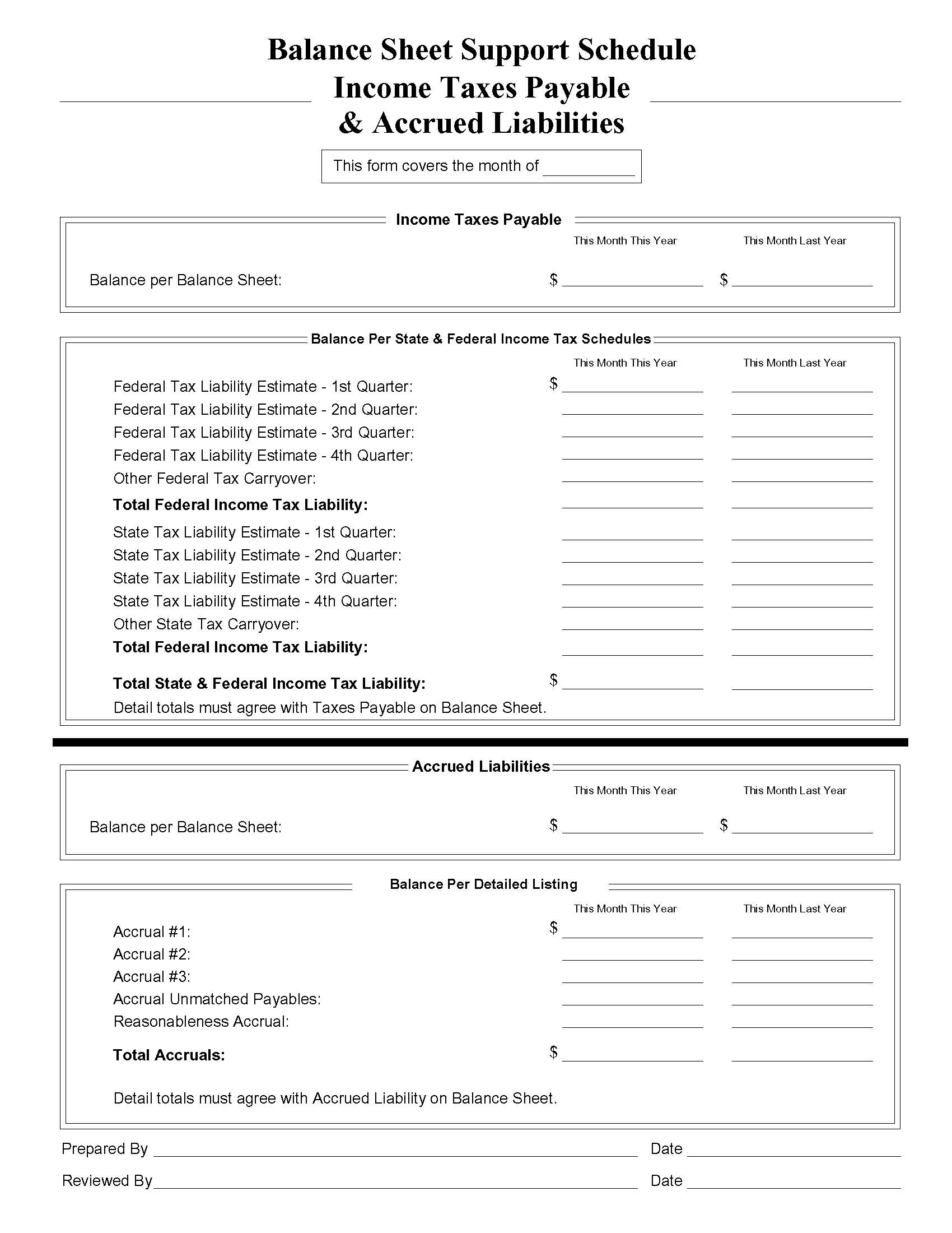 Balance Sheet Support Schedule Income Taxes Payable And Accrued Liabilities | Pdf Fpdf Docx | Business Forms