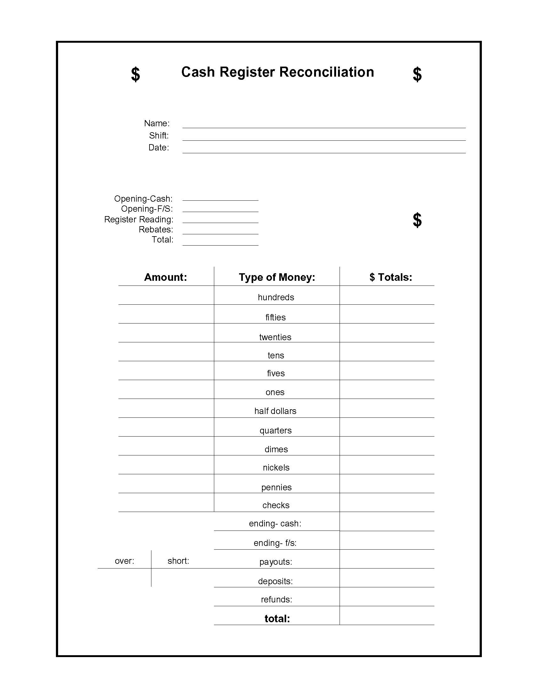 Cash Register Reconciliation | Pdf Fpdf Docx | Business Forms