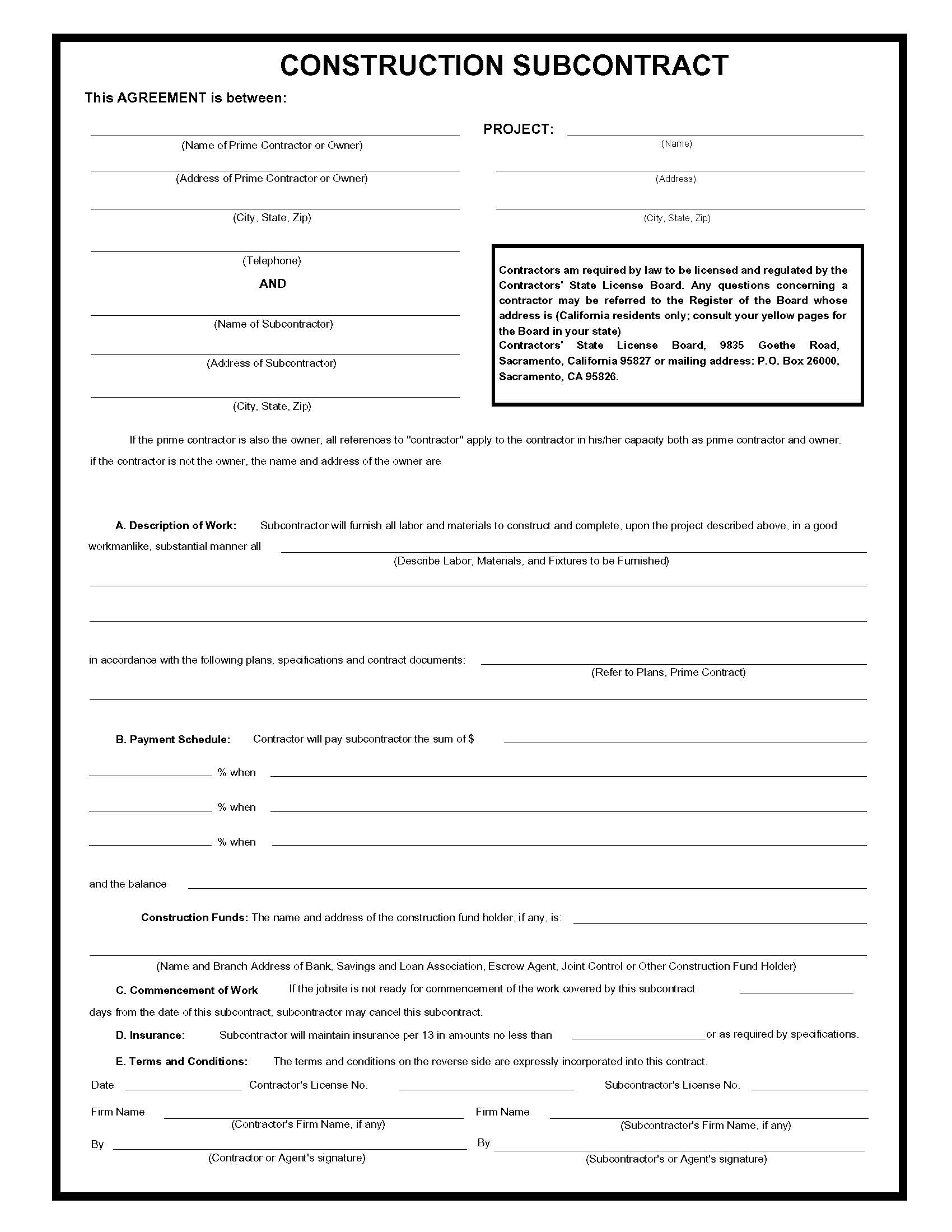 Construction Subcontract | Pdf Fpdf Doc Docx | Business Forms